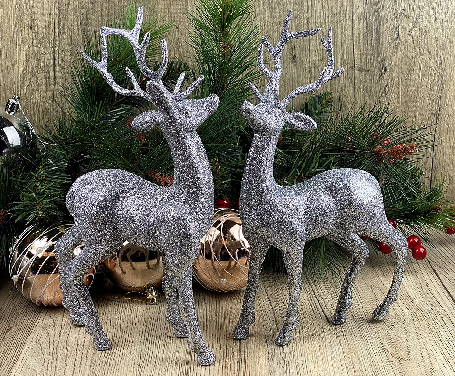 2 x Silver 23cm Glitter Reindeer Figurines - Christmas Decoration Ornaments