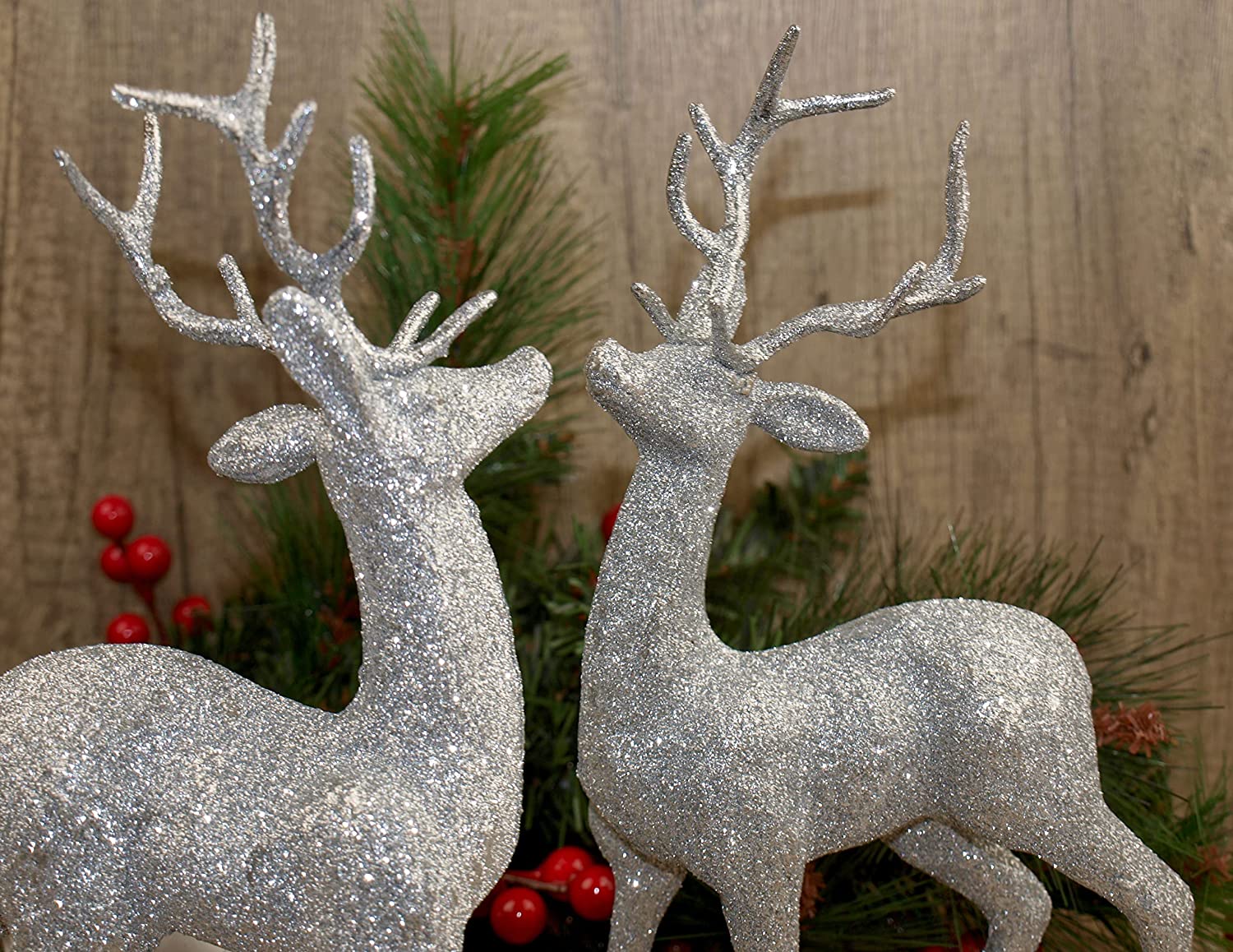 2 x Silver 23cm Glitter Reindeer Figurines - Christmas Decoration Ornaments