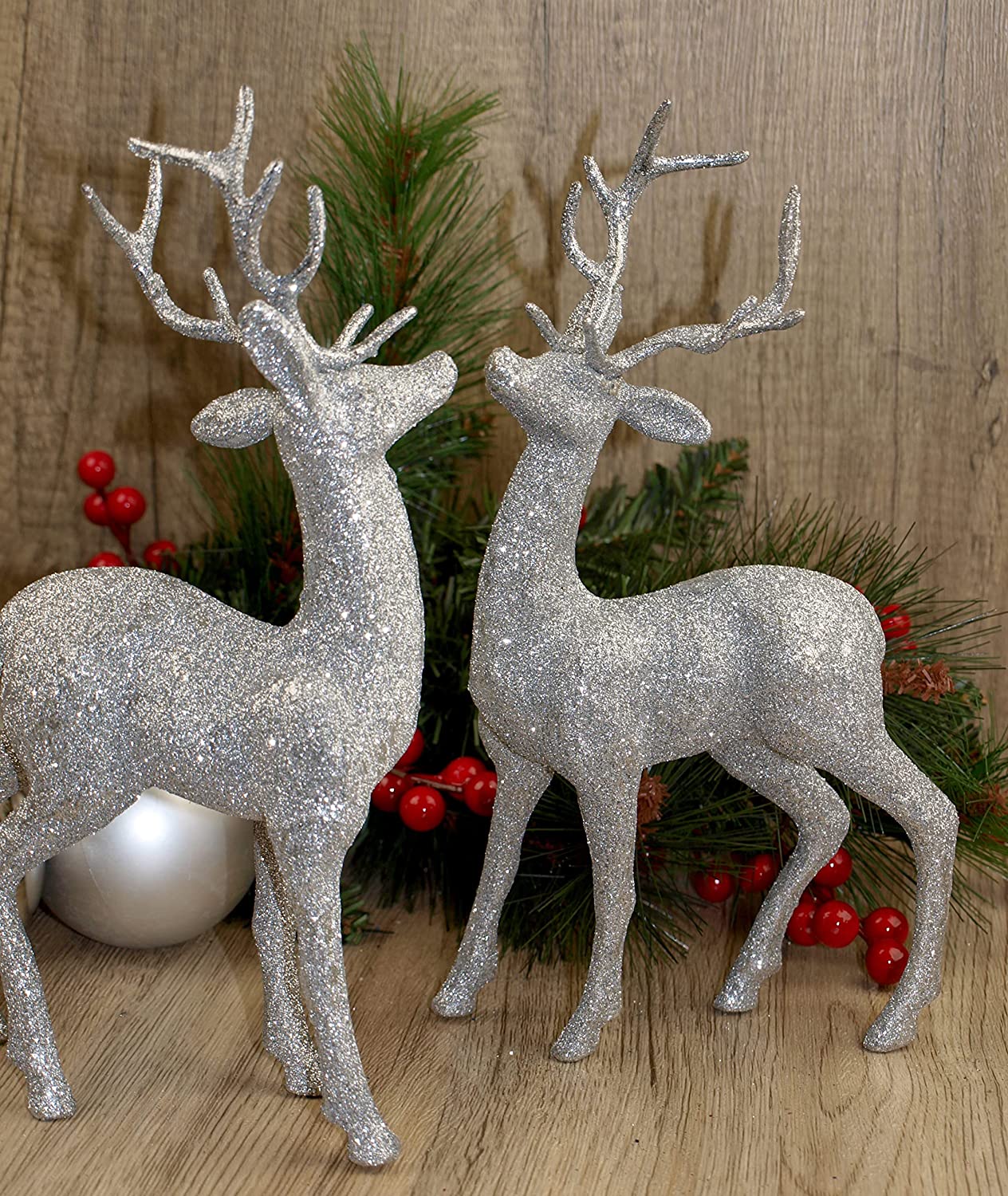 2 x Silver 23cm Glitter Reindeer Figurines - Christmas Decoration Ornaments