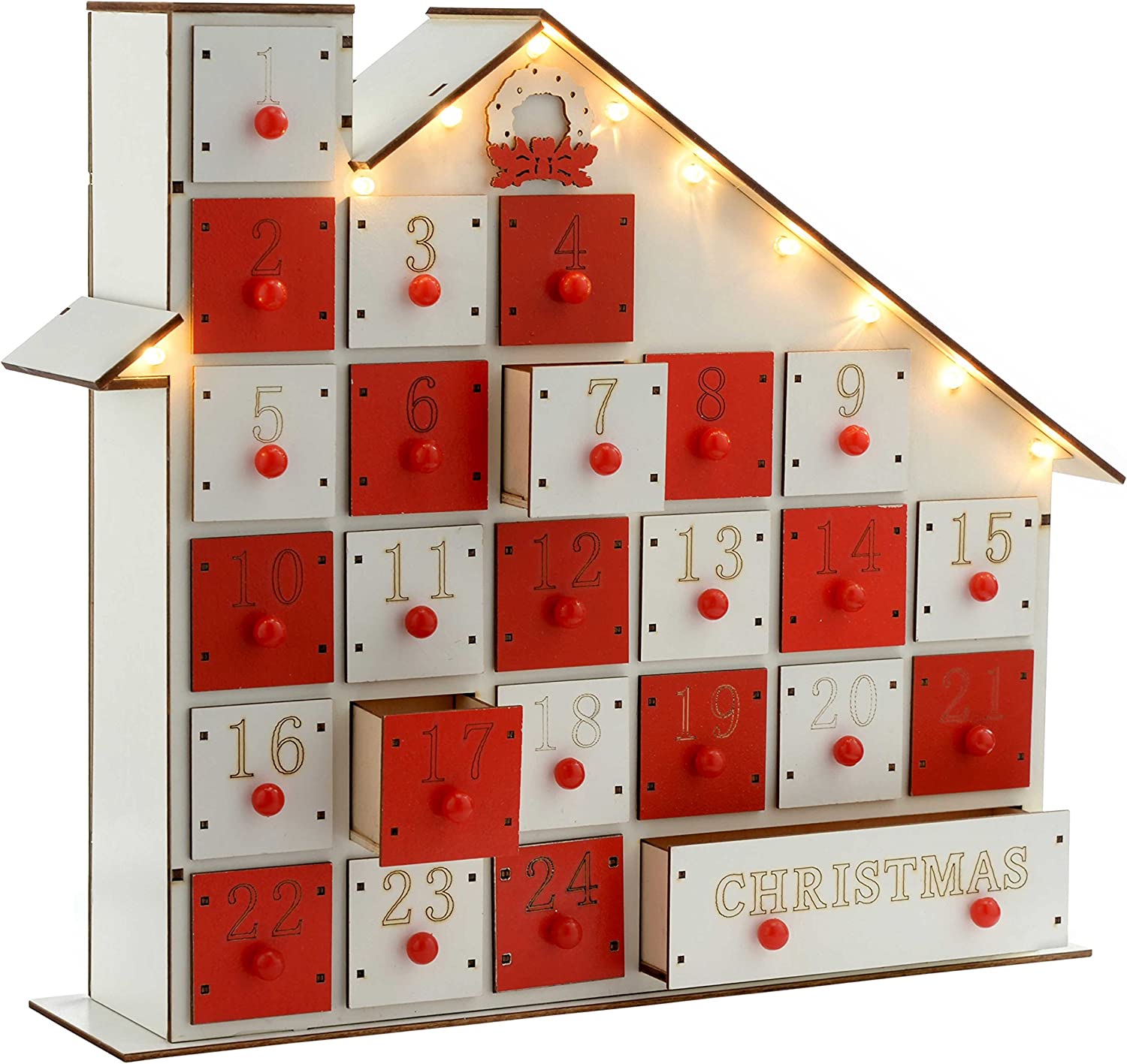 Pre-Lit Wooden House Advent Calendar Christmas Decoration Illuminated with LED Lights, 30 cm - White