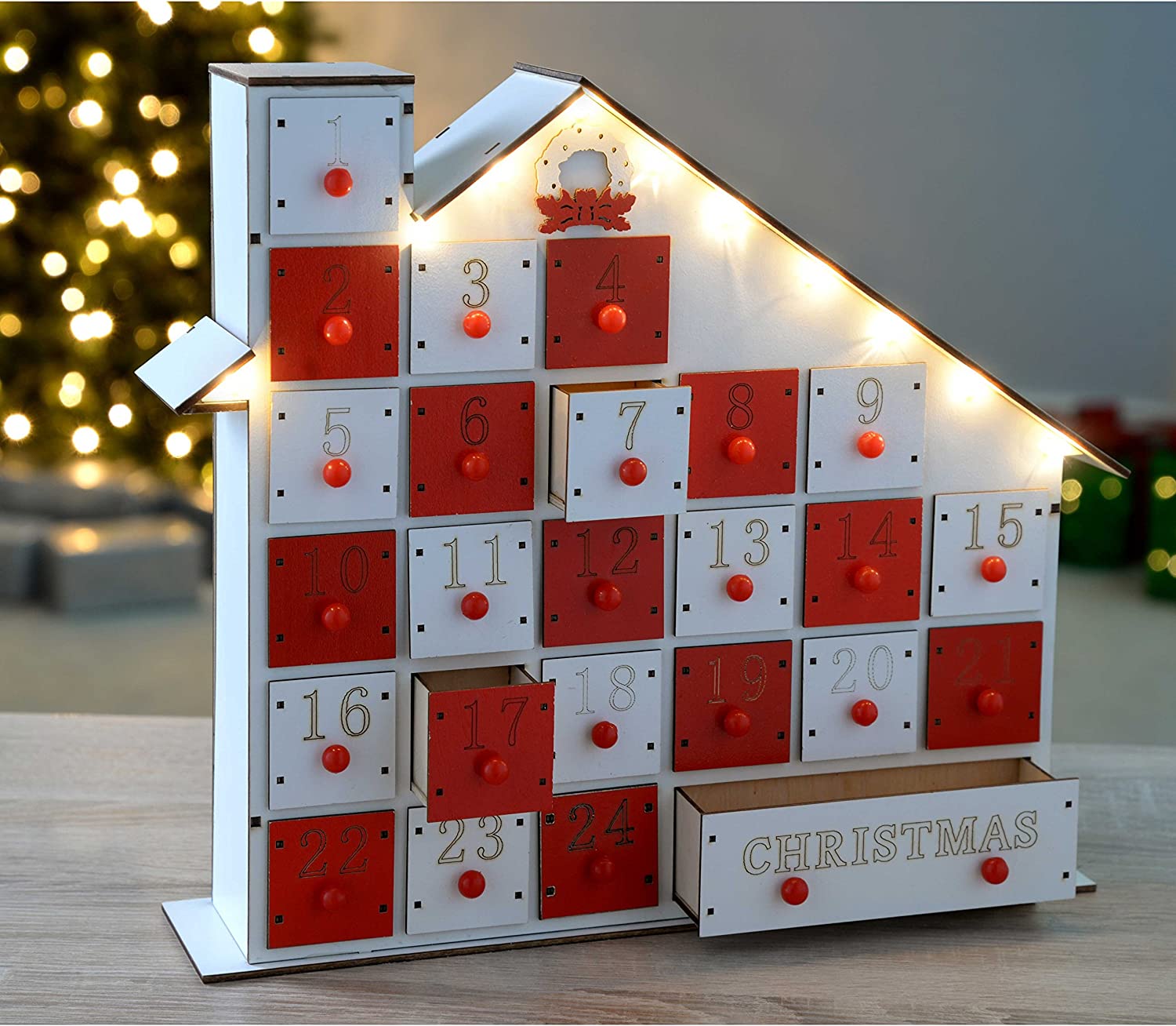 Pre-Lit Wooden House Advent Calendar Christmas Decoration Illuminated with LED Lights, 30 cm - White