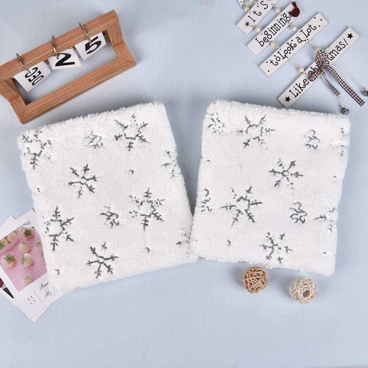 Set of 2 Faux Fur Cushion Covers Silver Snowflake Sequin Pillow Cases Fluffy Christmas Decorative Cushion Cases