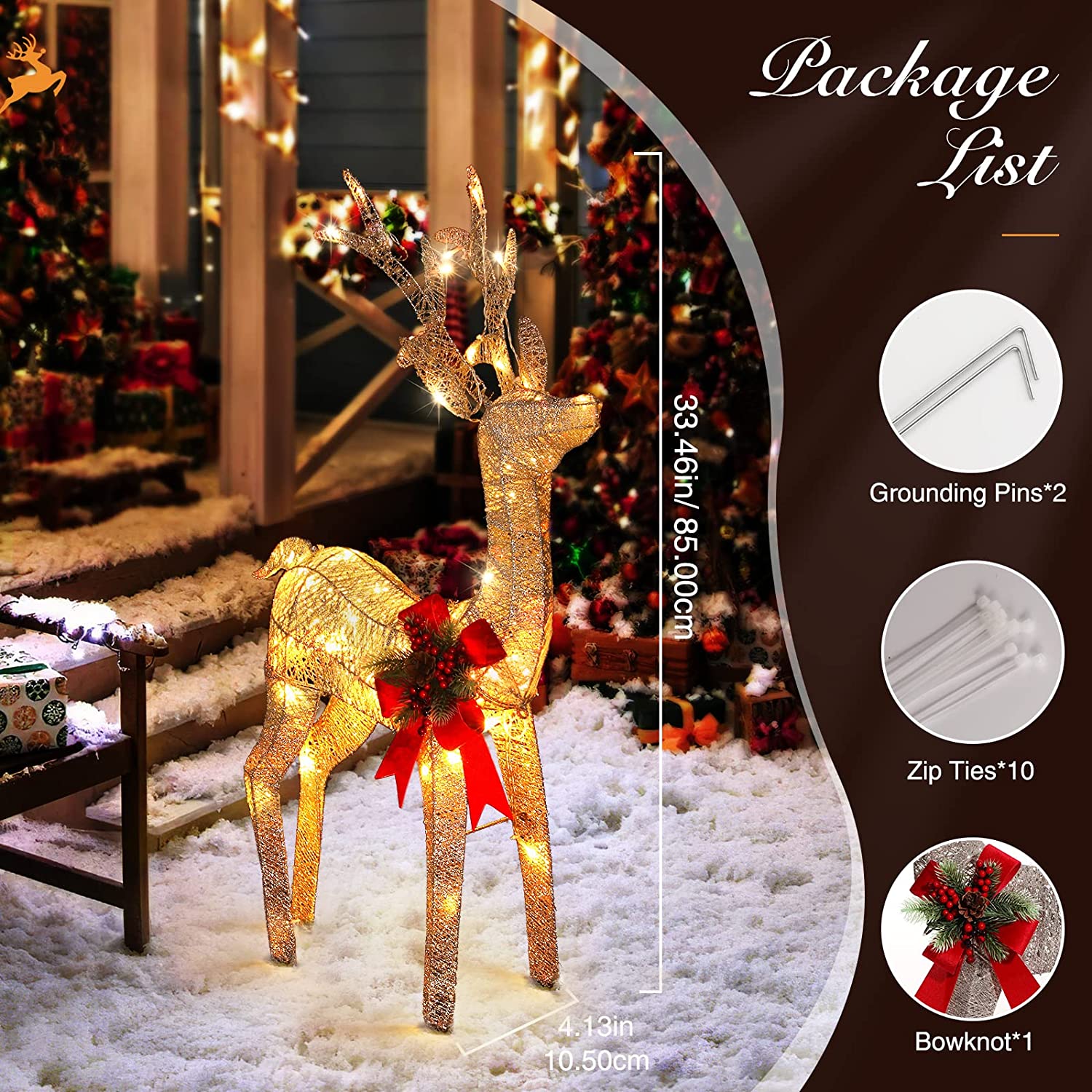 Christmas Reindeer Lighted Decoration, 33 Inch / 2.8 FT 60 LED Warm White Lighting Artificial Deer Christmas Eve Decor Indoor Outdoor Ornaments for Home Garden Yard Festival New Year