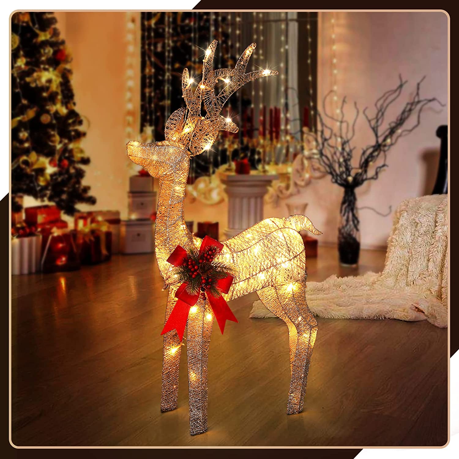 Christmas Reindeer Lighted Decoration, 33 Inch / 2.8 FT 60 LED Warm White Lighting Artificial Deer Christmas Eve Decor Indoor Outdoor Ornaments for Home Garden Yard Festival New Year