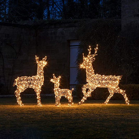 Outdoor Reindeer Family Stag, Doe & Fawn Christmas Light Up Rattan Figures Garden Decoration with 540 Warm White LEDs & Timer