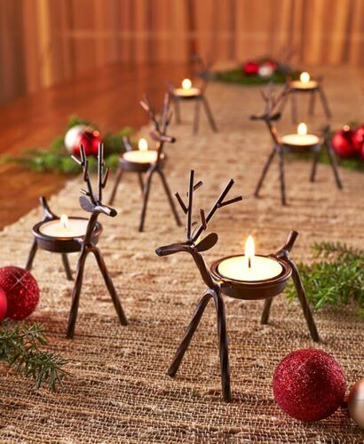 6x Christmas Reindeer Tea Light Candle Holders & Tealights Xmas Home Decor Gift