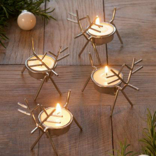 6x Christmas Reindeer Tea Light Candle Holders & Tealights Xmas Home Decor Gift