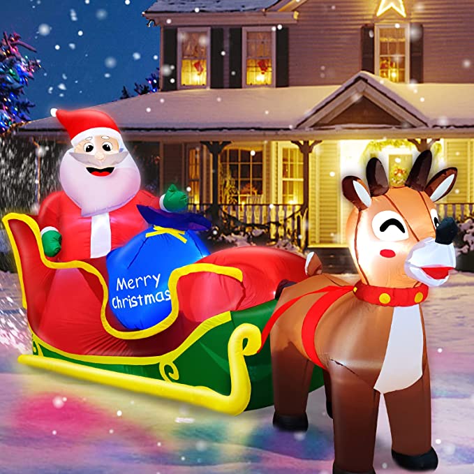 8Ft Long Inflatable Christmas Decoration Outdoor Reindeer Pull The Sleigh Take Santa Claus