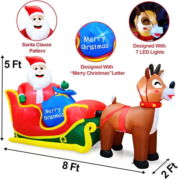 8Ft Long Inflatable Christmas Decoration Outdoor Reindeer Pull The Sleigh Take Santa Claus