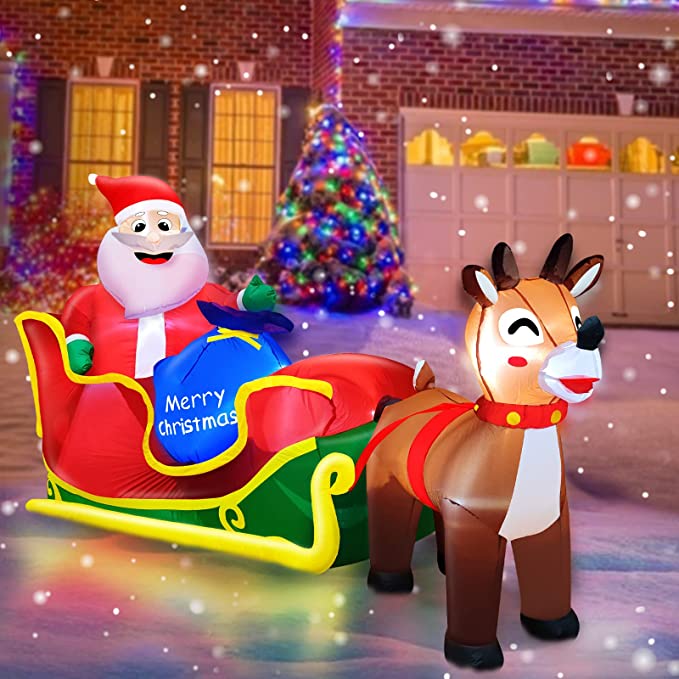 8Ft Long Inflatable Christmas Decoration Outdoor Reindeer Pull The Sleigh Take Santa Claus