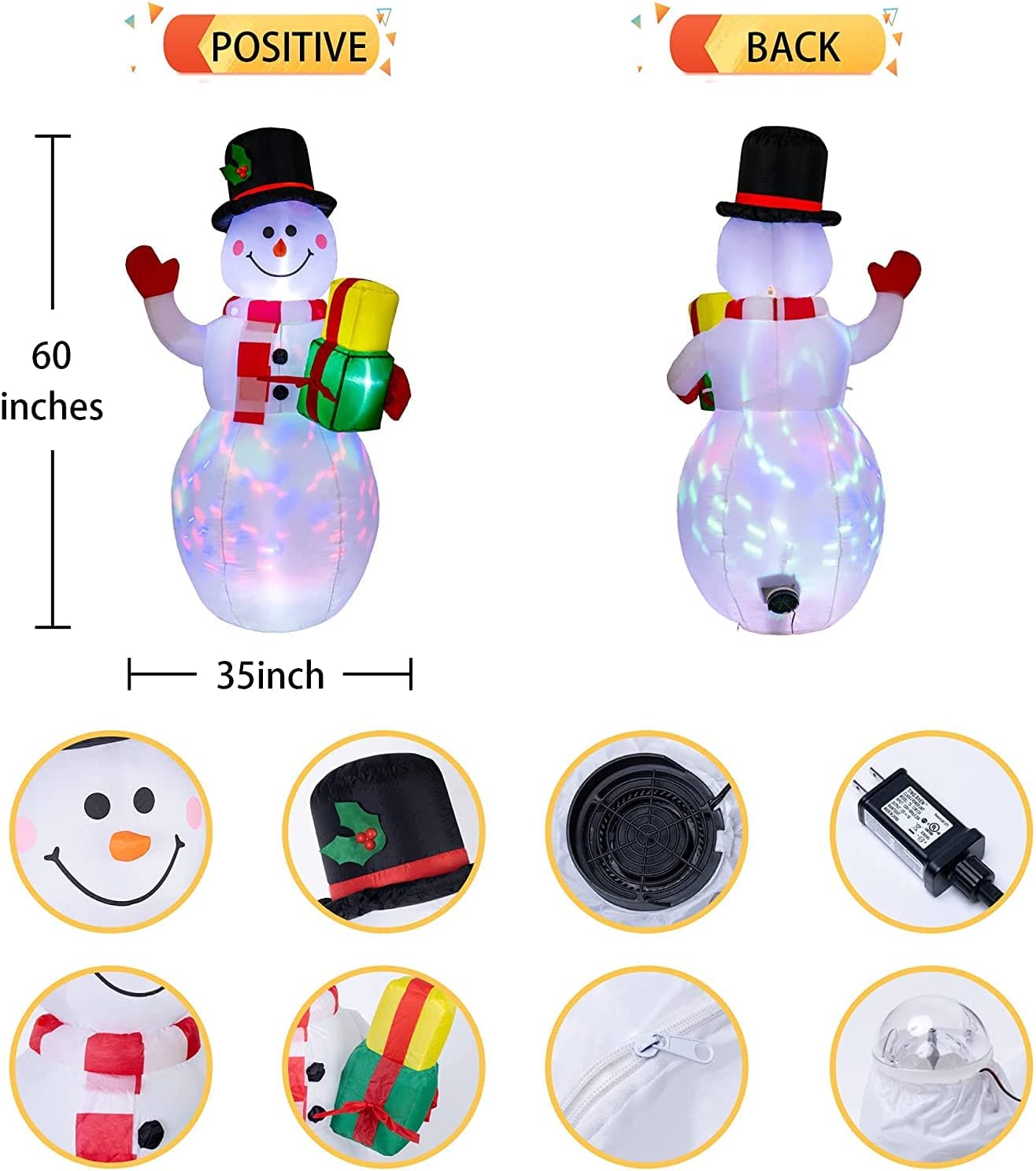 5ft Christmas Inflatables Snowman-Cute Inflatable Snowman with Rotating LED Lights Fun Blow Up Xmas Snowman for Indoor Outdoor Yard Garden Christmas Decorations