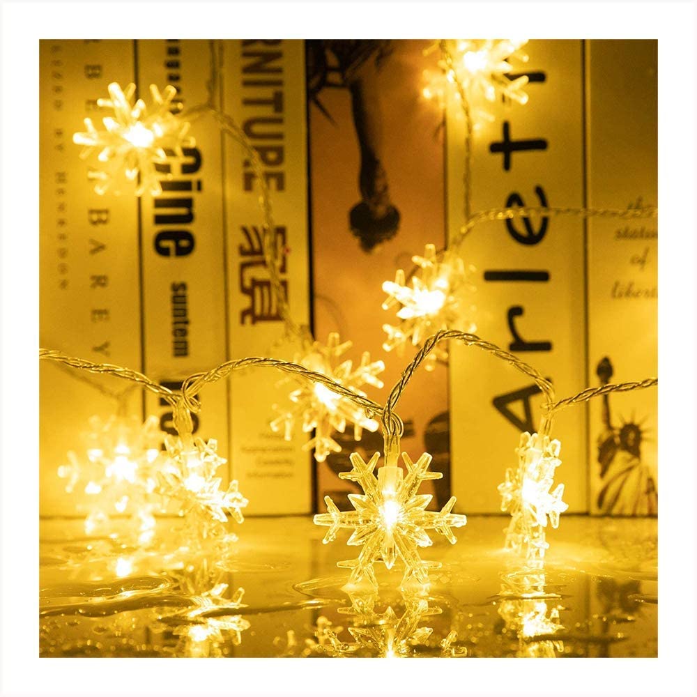 Snowflake String Lights, 16 Ft 50 LED Christmas Fairy Lights, Battery-Operated with 2 Lighting Modes for Xmas Home Garden Bedroom and Indoor&Outdoor Decoration