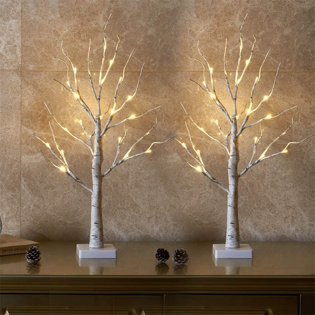 Set of 2 Small Birch Twig Tree Lights Photo Display Tree with 24 Warm White LEDs Battery Operated Table top Decoration for Xmas Home Party Wedding (60cm/2ft)