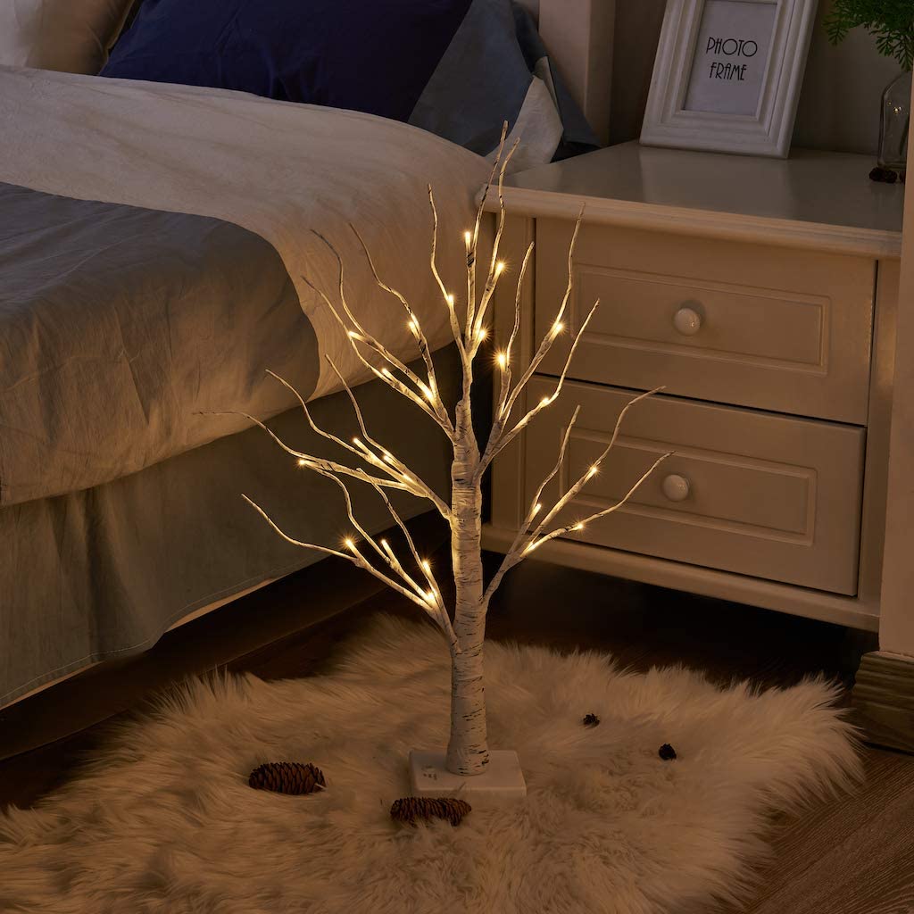 Set of 2 Small Birch Twig Tree Lights Photo Display Tree with 24 Warm White LEDs Battery Operated Table top Decoration for Xmas Home Party Wedding (60cm/2ft)