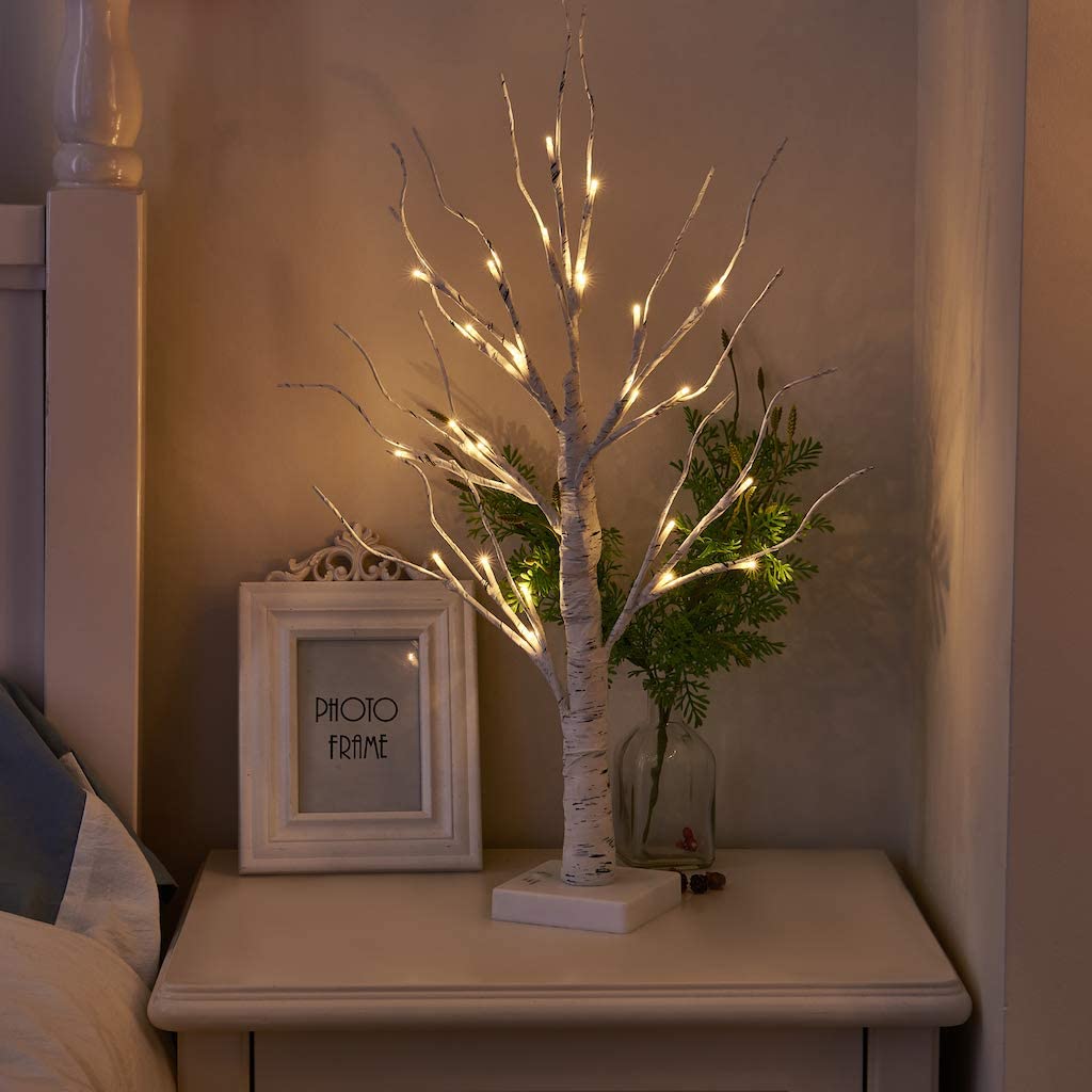 Set of 2 Small Birch Twig Tree Lights Photo Display Tree with 24 Warm White LEDs Battery Operated Table top Decoration for Xmas Home Party Wedding (60cm/2ft)