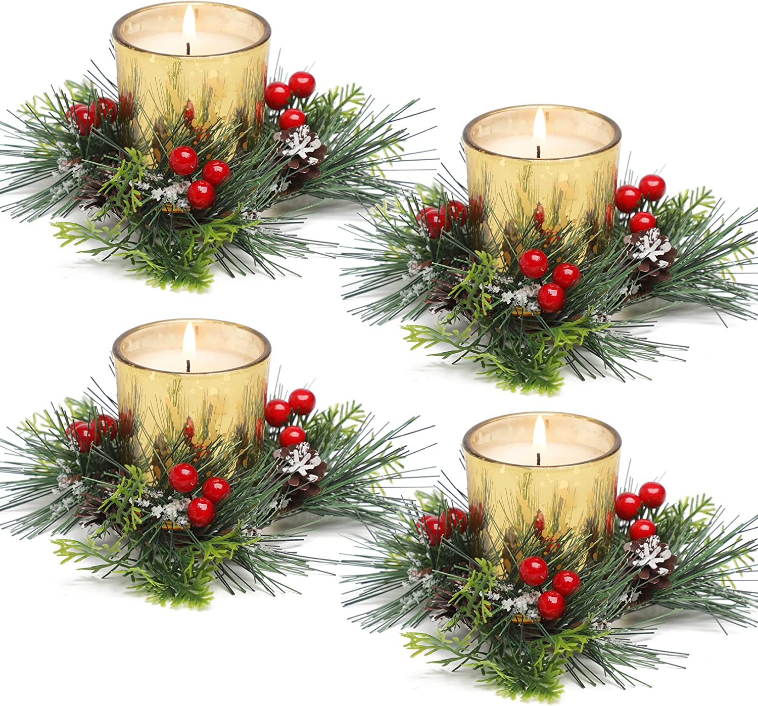 Christmas Candle Ring, Red Berry and Pinecone Xmas Candle Ring Wreath with Candle Holders for Table Party 4 Pieces