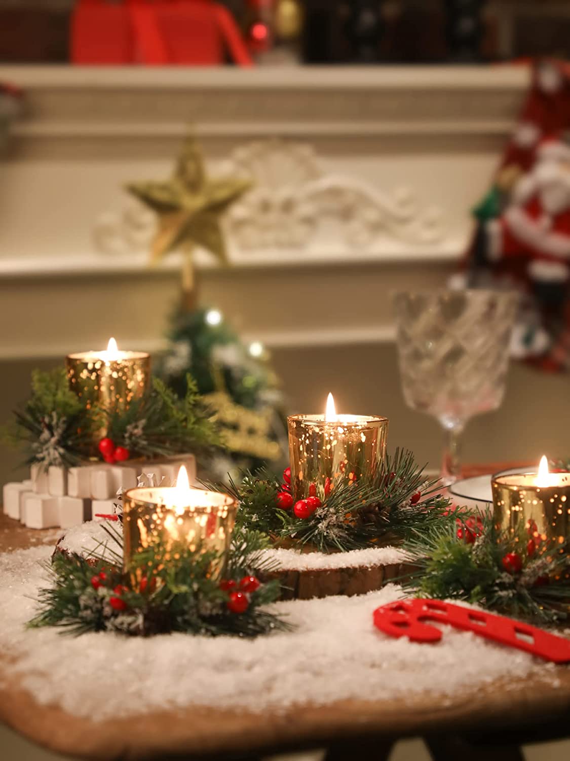 Christmas Candle Ring, Red Berry and Pinecone Xmas Candle Ring Wreath with Candle Holders for Table Party 4 Pieces