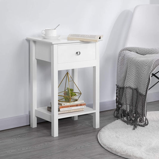 White Bedside Table Nightstand Cabinet Storage Unit with Drawers & Shelf