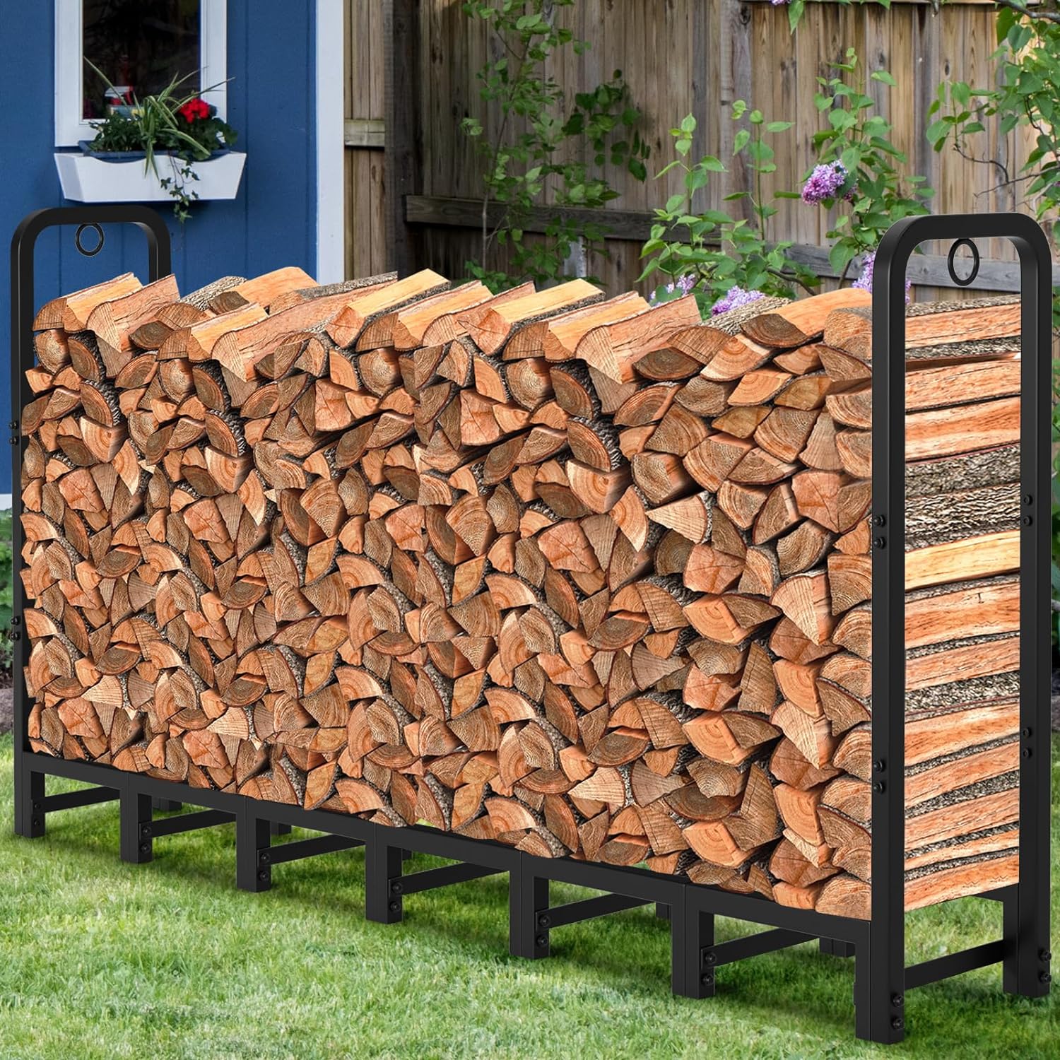 8 ft Outdoor Fire Wood Log Rack for Fireplace Heavy Duty Firewood Pile Storage Racks for Patio Deck Metal Log Holder Stand Tubular Steel Wood Stacker Outside Tools Accessories Black