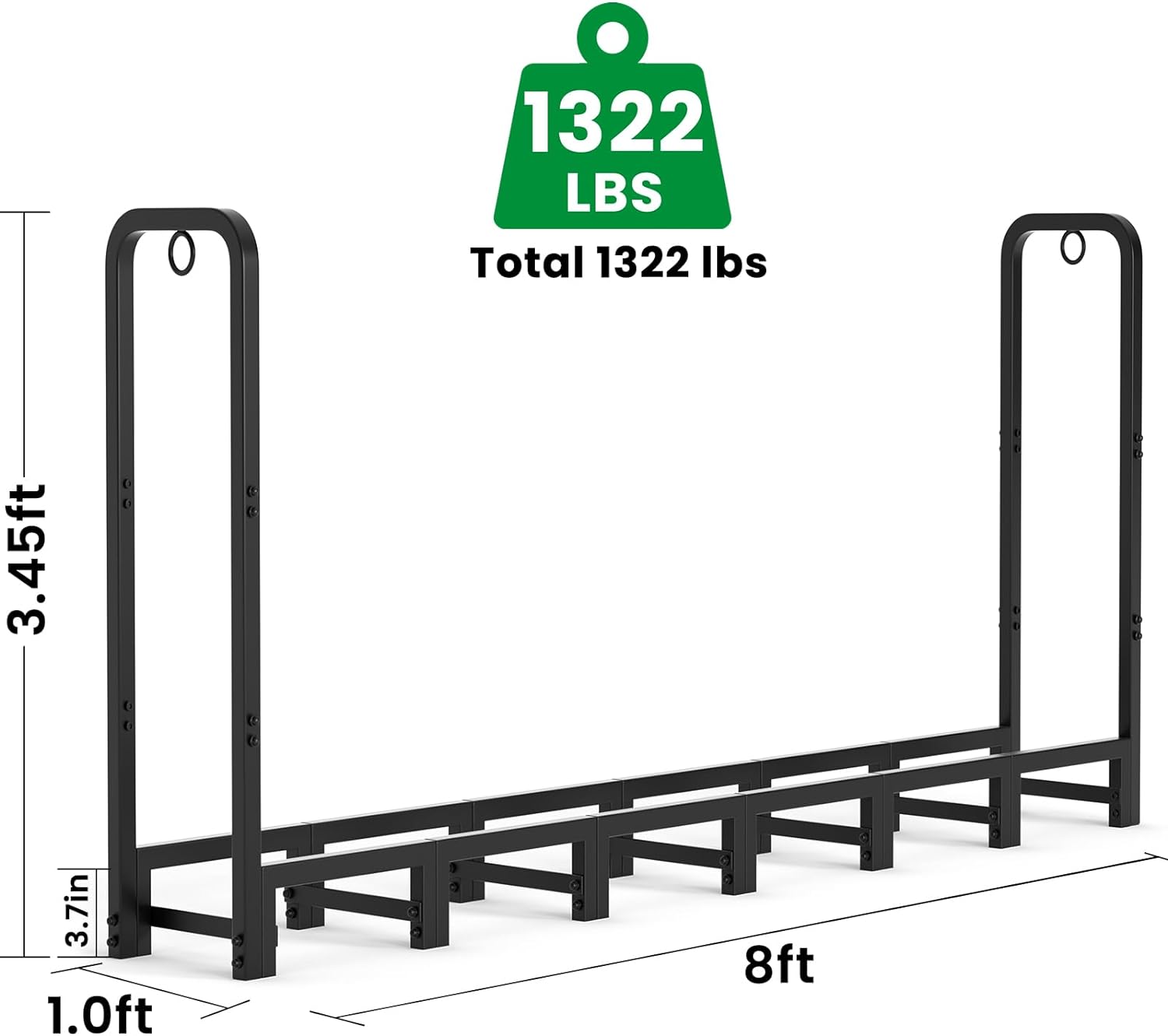 8 ft Outdoor Fire Wood Log Rack for Fireplace Heavy Duty Firewood Pile Storage Racks for Patio Deck Metal Log Holder Stand Tubular Steel Wood Stacker Outside Tools Accessories Black