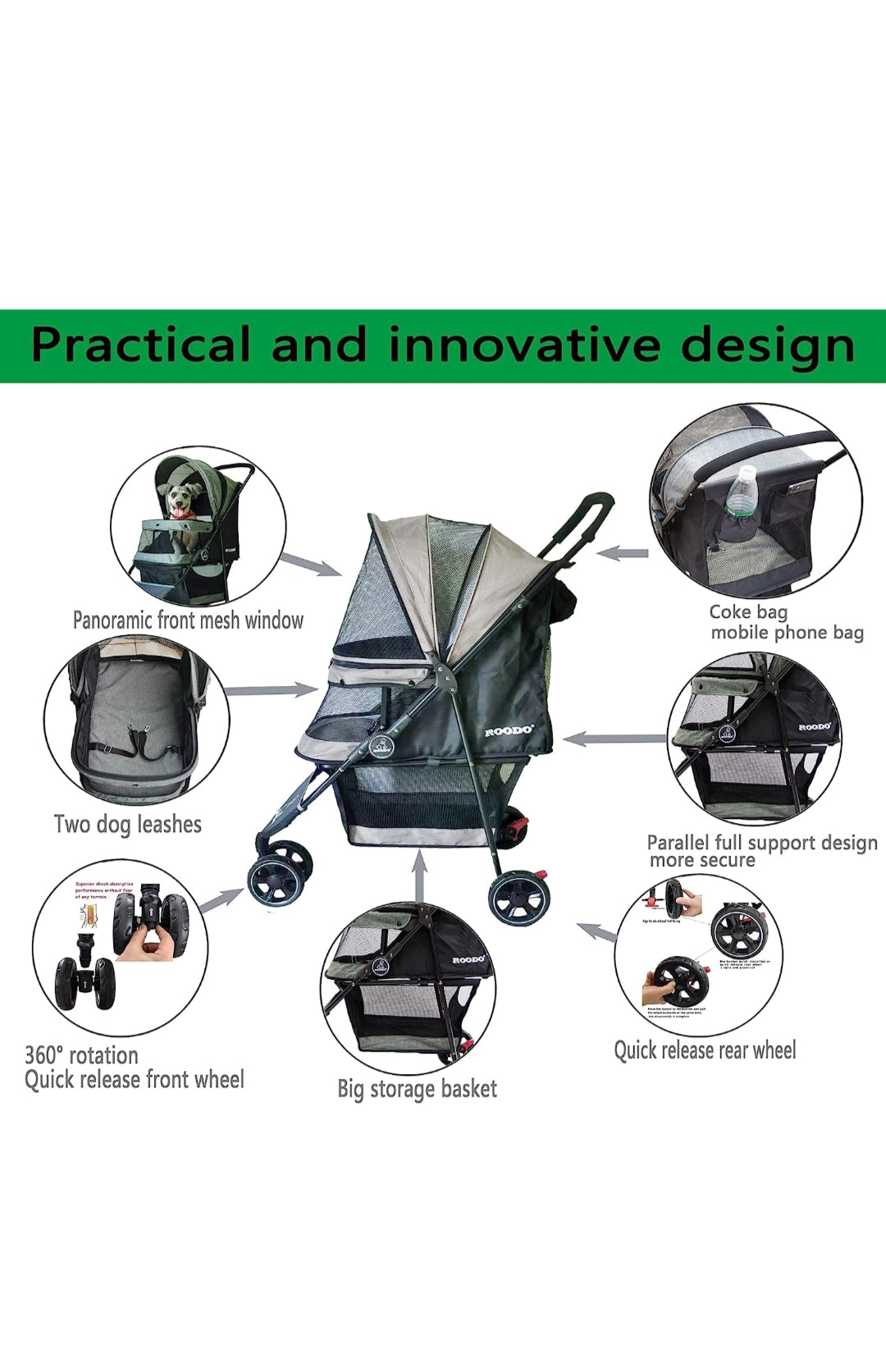 ROODO Escort 3 Wheel Pet Strollers Small Medium Dogs Cat Kitty Cup Holder Lightweight Travel System Foldable