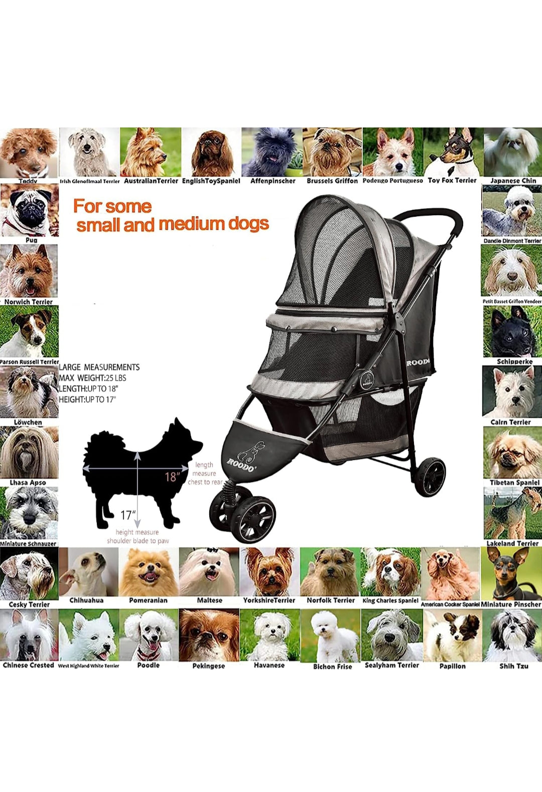 ROODO Escort 3 Wheel Pet Strollers Small Medium Dogs Cat Kitty Cup Holder Lightweight Travel System Foldable