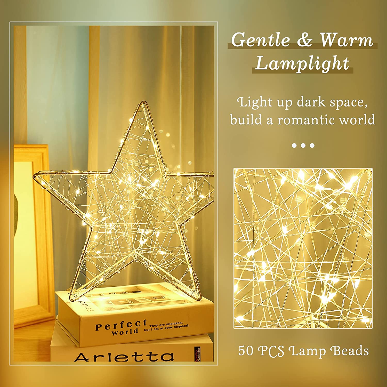 Metal Table Lamp, 33 cm Battery Powered Christmas Star Light Warm White Bedside Desk Lamp with Iron Frame