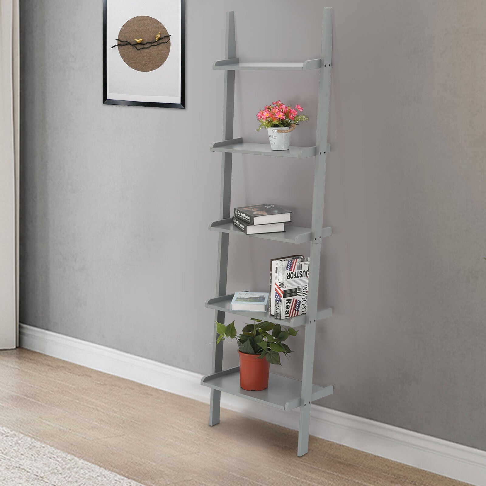 Grey Ladder Shelving Unit 5 Tier Display Stand Book Shelf Wall Rack Storage