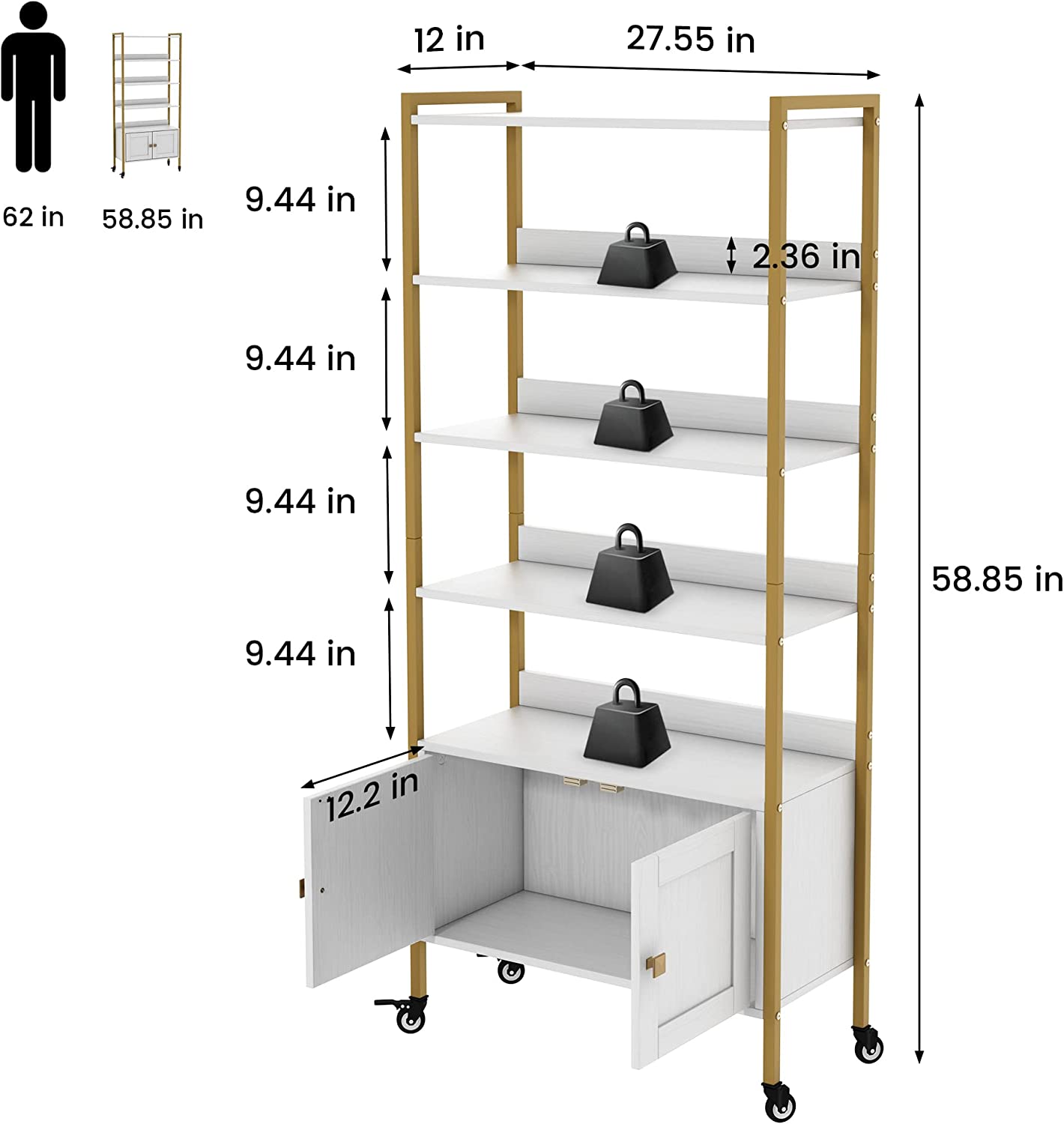 5-Tier Bookcase, Movable White Display Storage Rack