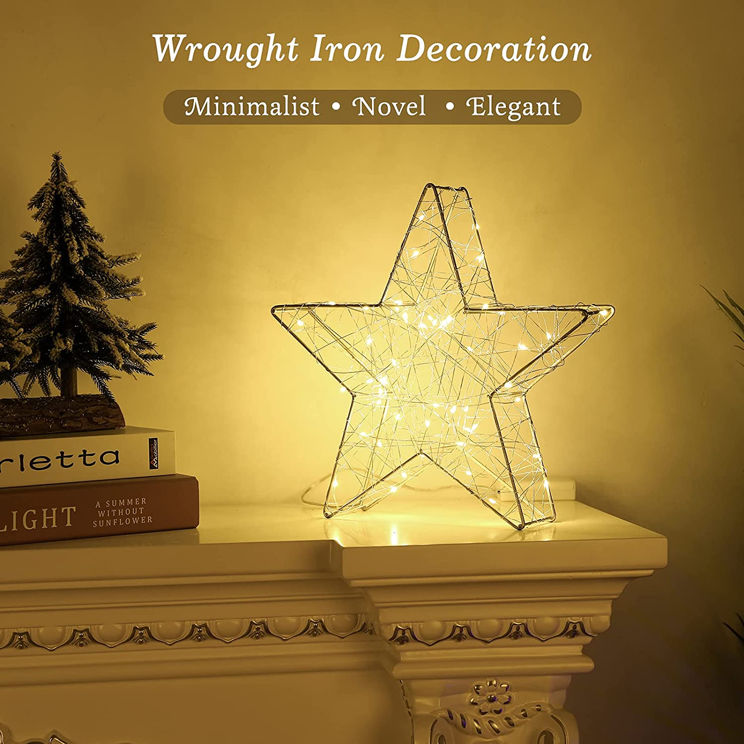 Metal Table Lamp, 33 cm Battery Powered Christmas Star Light Warm White Bedside Desk Lamp with Iron Frame