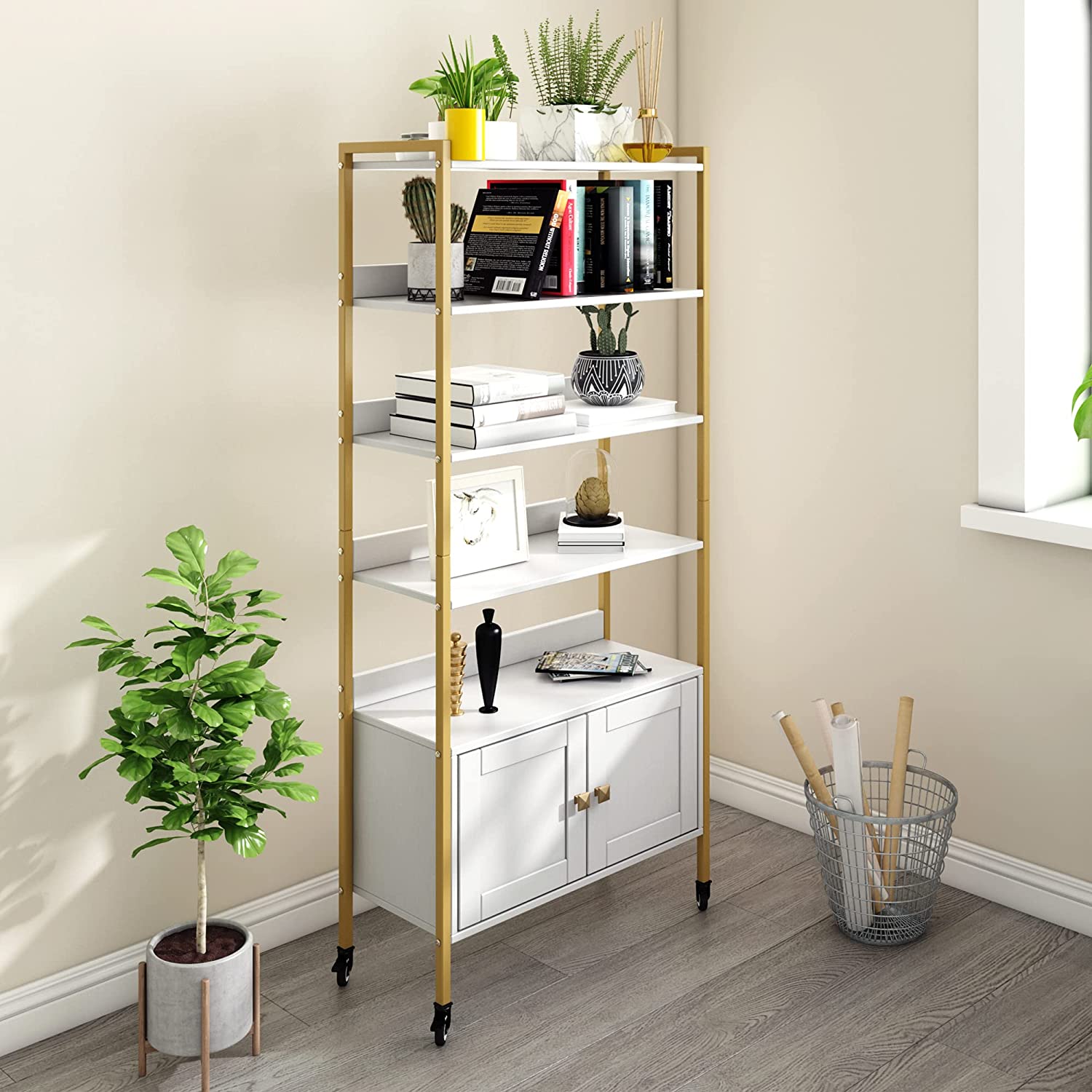 5-Tier Bookcase, Movable White Display Storage Rack