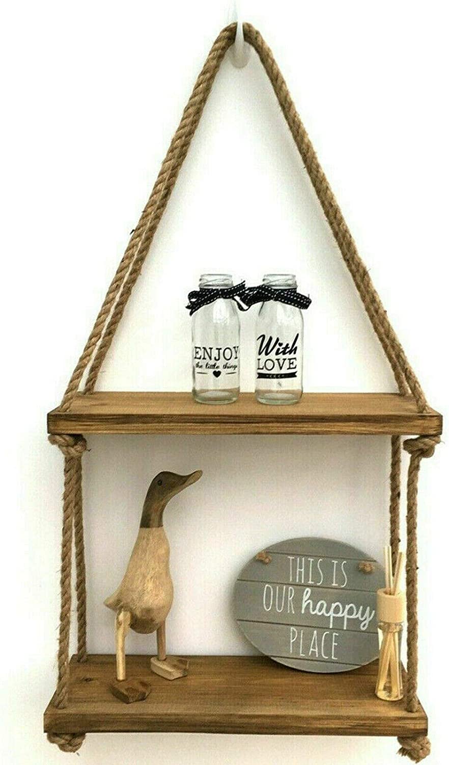 RUSTIC WOODEN HANGING ROPE SHELF