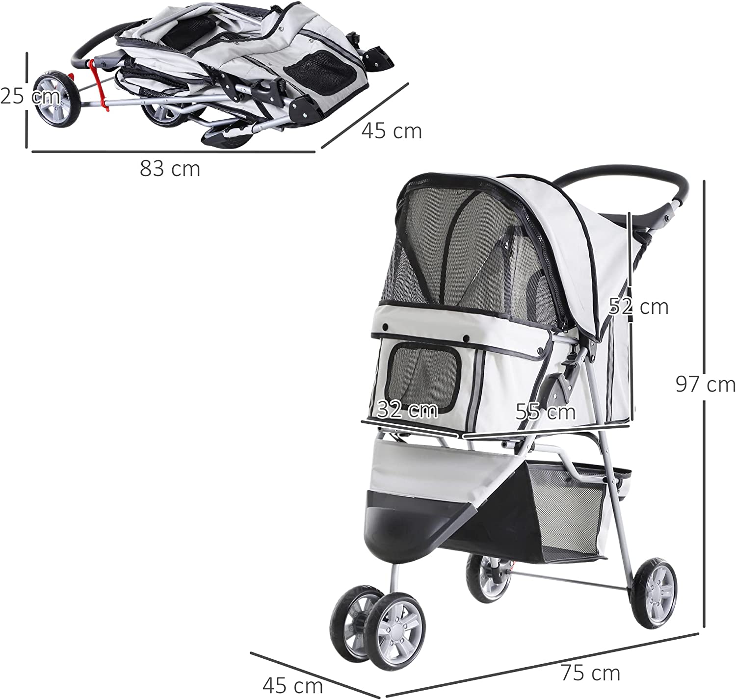 Brand new in original box 3-Wheel Pet Stroller Grey colour Zip in front secured