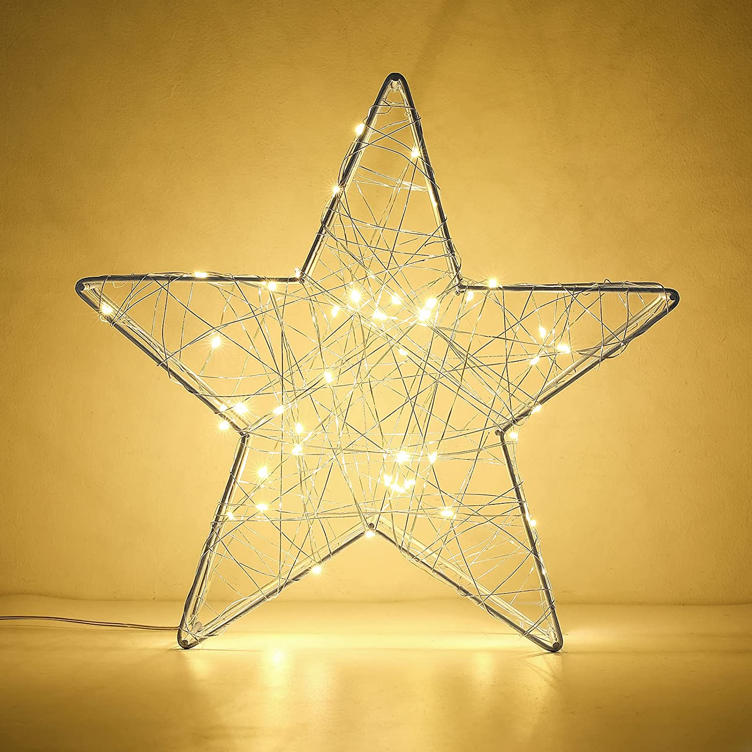 Metal Table Lamp, 33 cm Battery Powered Christmas Star Light Warm White Bedside Desk Lamp with Iron Frame