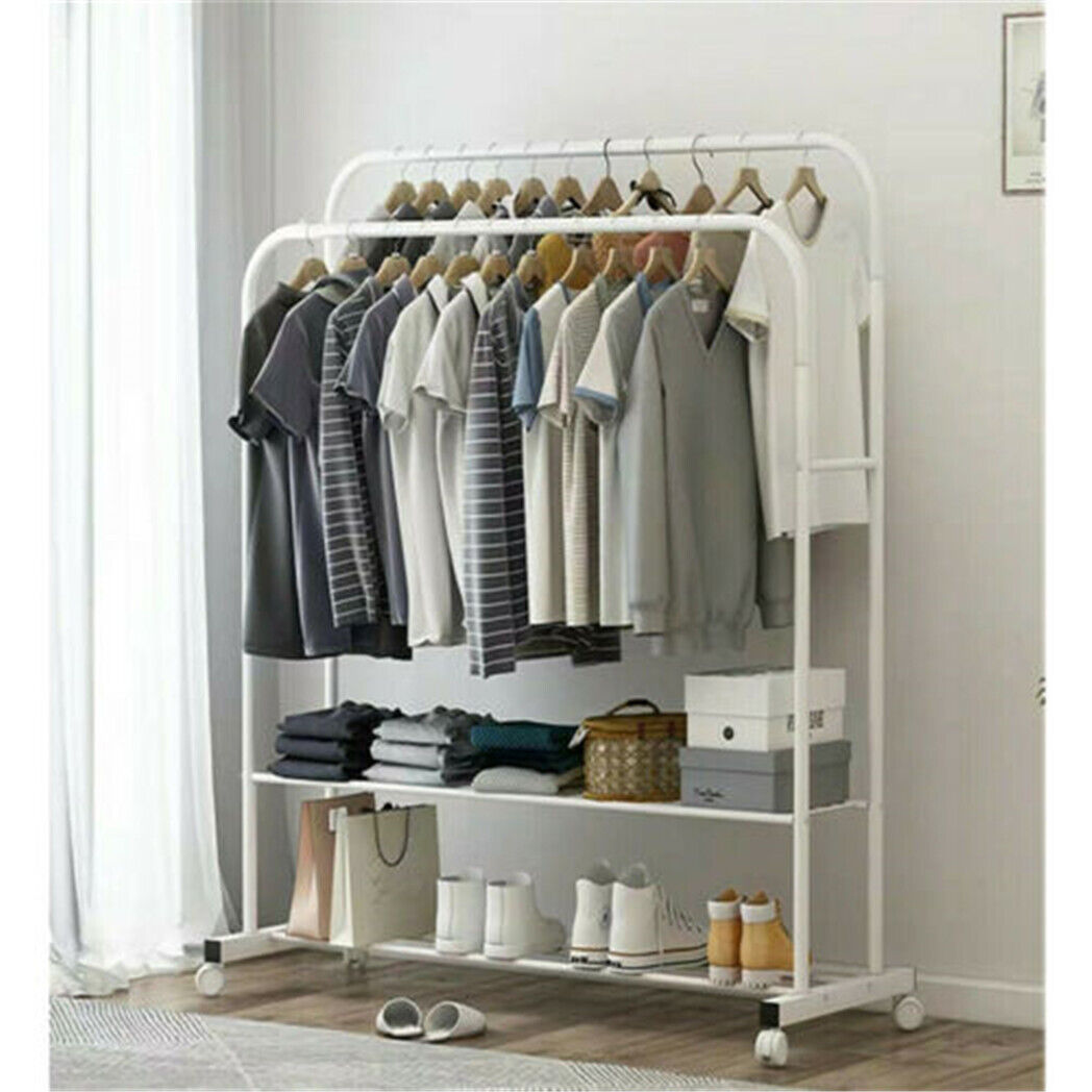 Heavy Duty Rolling Clothes Rail Metal Garment Dual Rails Hanging Coat Rack Stand