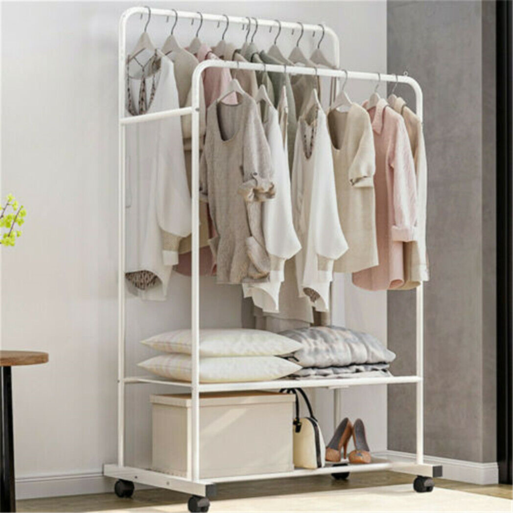 Heavy Duty Rolling Clothes Rail Metal Garment Dual Rails Hanging Coat Rack Stand