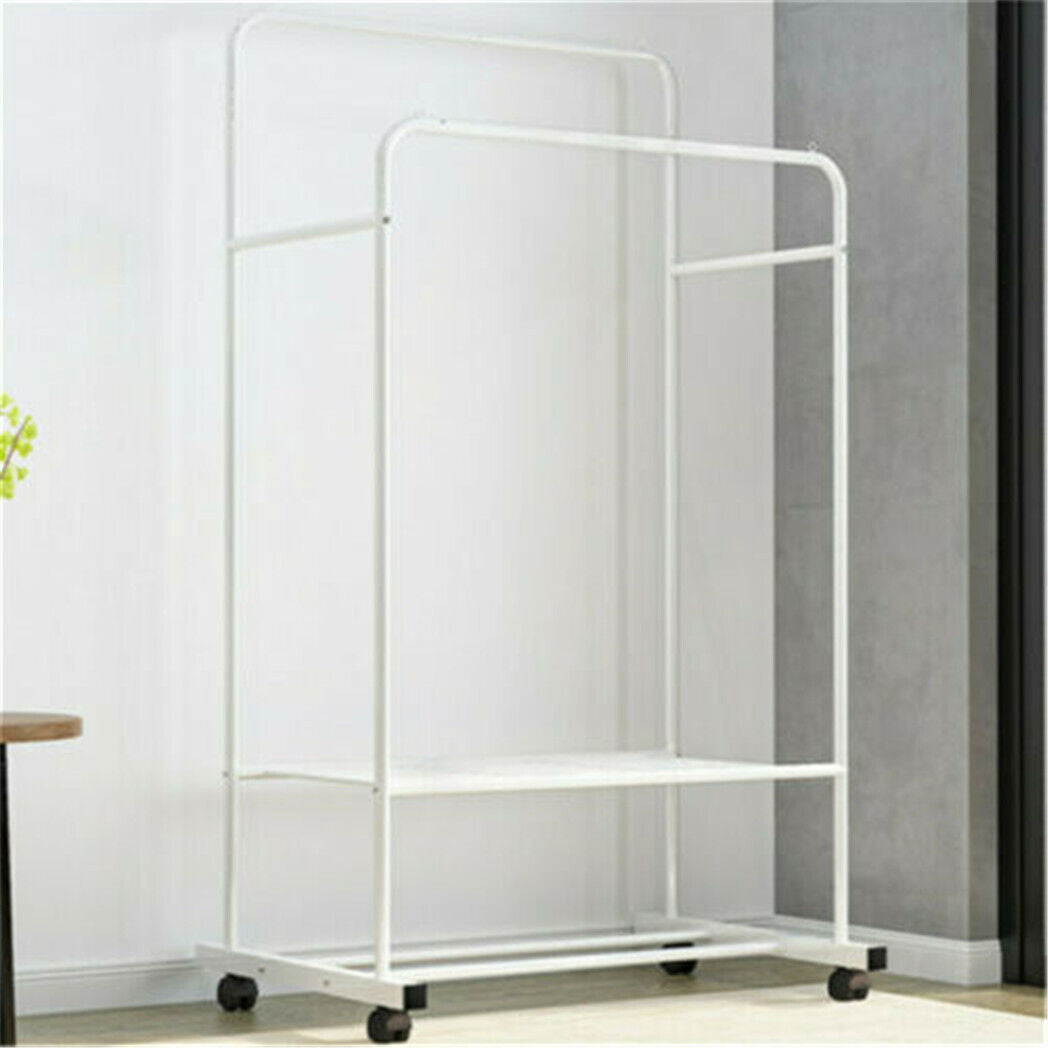 Heavy Duty Rolling Clothes Rail Metal Garment Dual Rails Hanging Coat Rack Stand