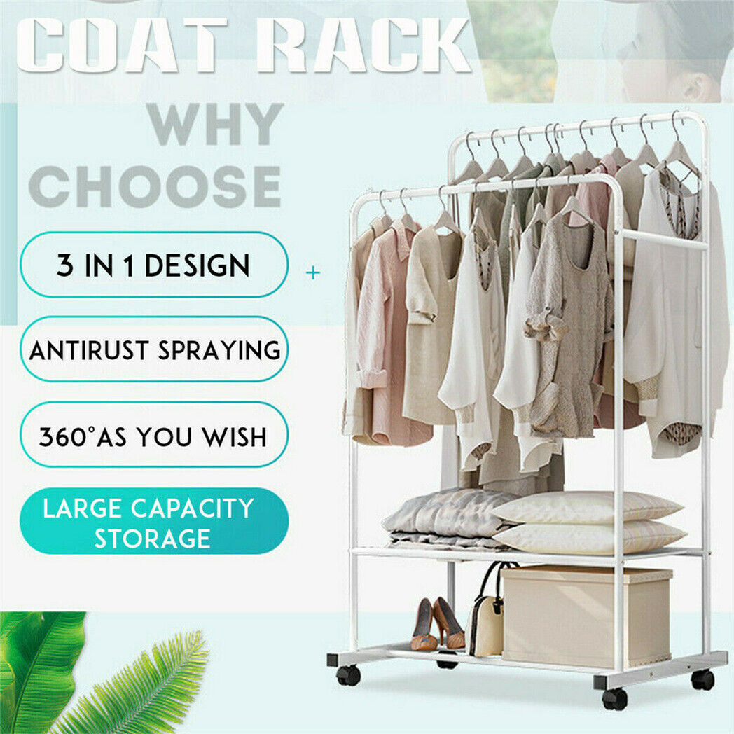 Heavy Duty Rolling Clothes Rail Metal Garment Dual Rails Hanging Coat Rack Stand