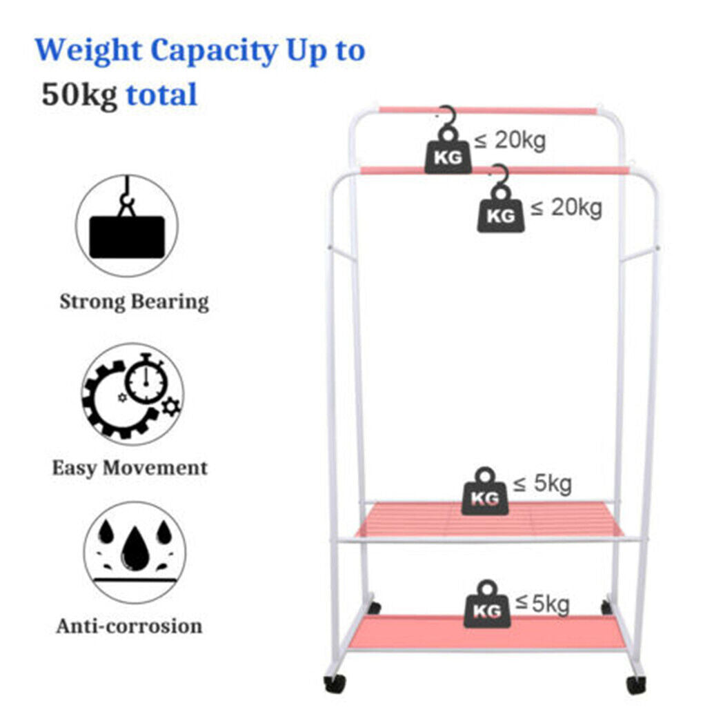 Heavy Duty Rolling Clothes Rail Metal Garment Dual Rails Hanging Coat Rack Stand