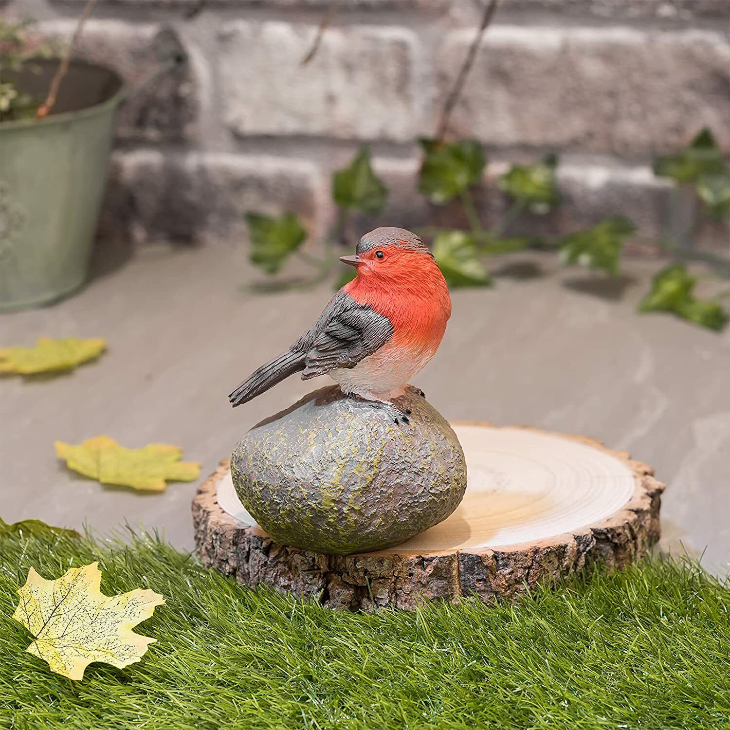 Robin Perched On Stone Ornaments Red Breast Resin Garden Outdoor Patio Bird Lawn