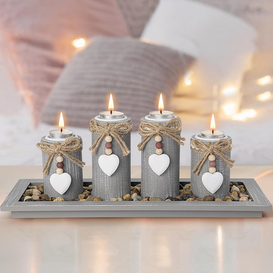 Candle Holder Set of 4 with Wodden Tray, Tealight Holders Vintage Candlestick Holder, Table Centerpiece Home Decor Living Room Bedroom Decoration Wedding Birthday Christmas Party Ornaments