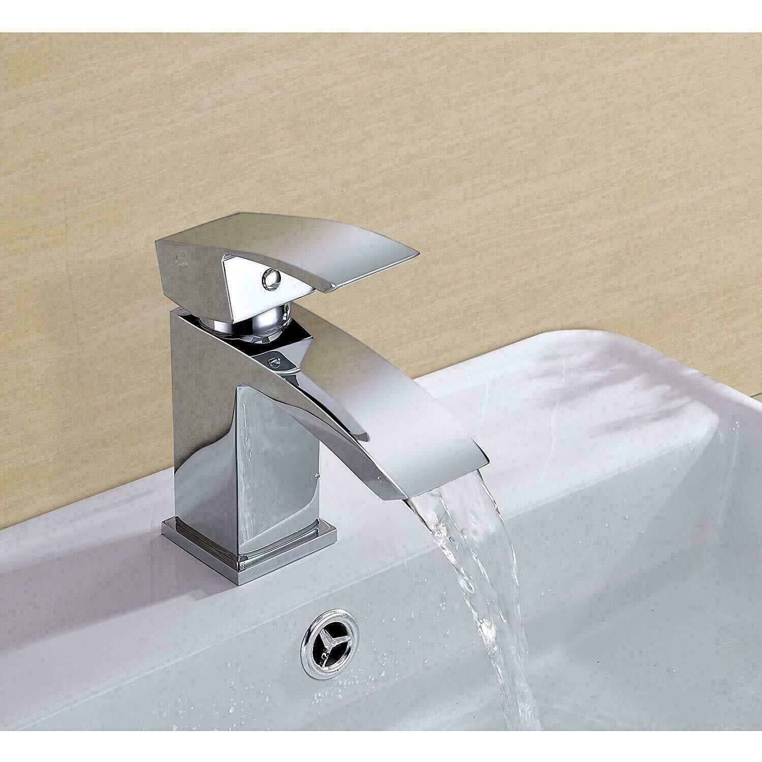 Waterfall Bathroom Sink Counter Tap Basin Sink Mixer Chrome Mono Faucet + Waste