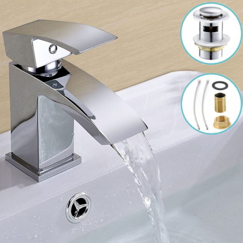 Waterfall Bathroom Sink Counter Tap Basin Sink Mixer Chrome Mono Faucet + Waste