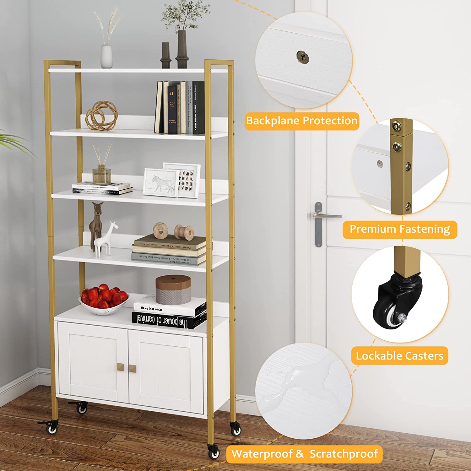 5-Tier Bookcase, Movable White Display Storage Rack