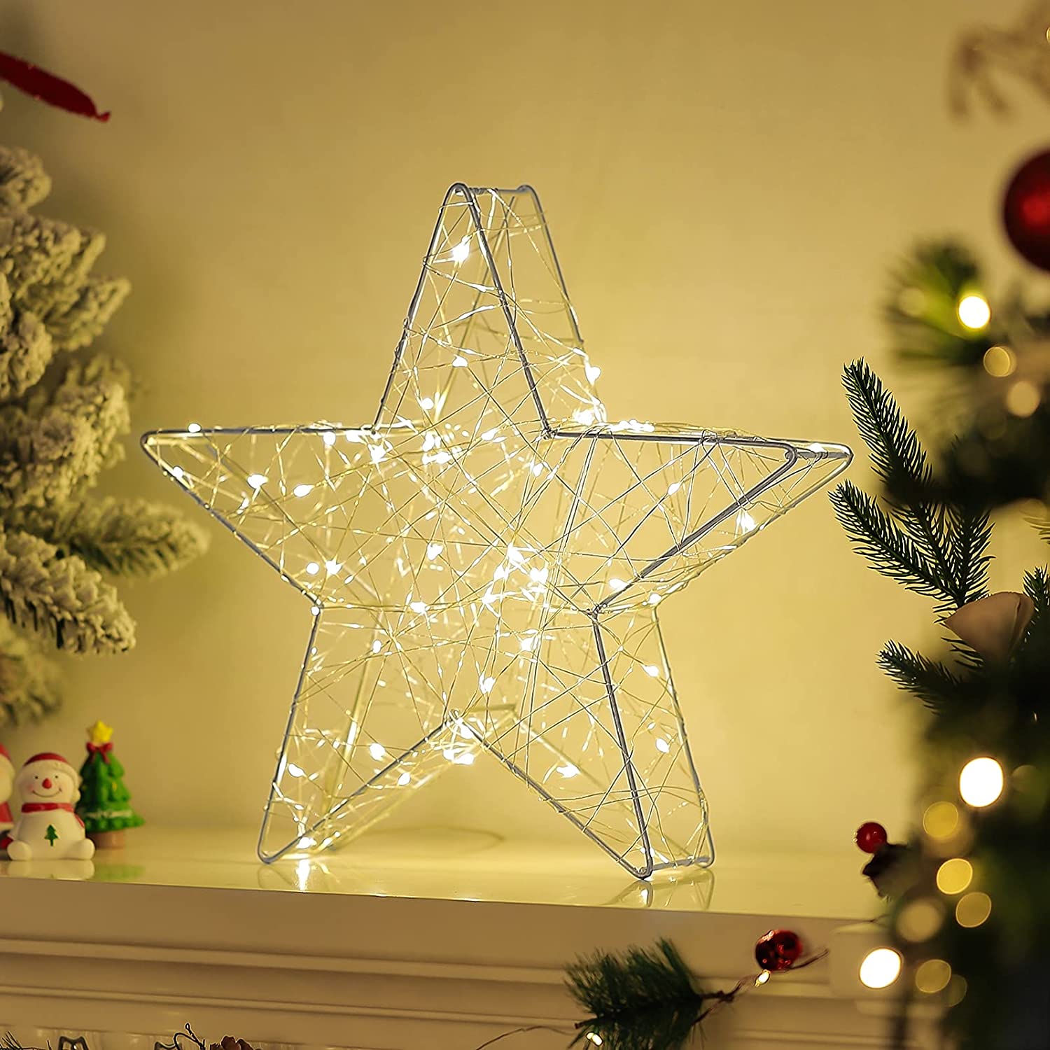 Metal Table Lamp, 33 cm Battery Powered Christmas Star Light Warm White Bedside Desk Lamp with Iron Frame