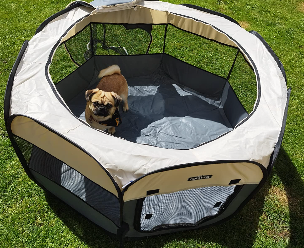 Pet Playpen Portable Foldable Dog Cat Puppy Pen for Indoors Outdoor Pop Up Pet Fence Breathable Mesh Pet Carrier Kennel Soft Cage Tent for Rabbit Hamster Guinea Pig Beige and Gray, 28