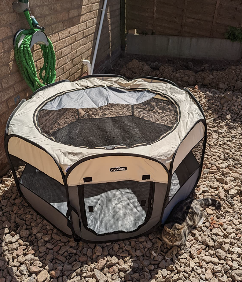 Pet Playpen Portable Foldable Dog Cat Puppy Pen for Indoors Outdoor Pop Up Pet Fence Breathable Mesh Pet Carrier Kennel Soft Cage Tent for Rabbit Hamster Guinea Pig Beige and Gray, 28