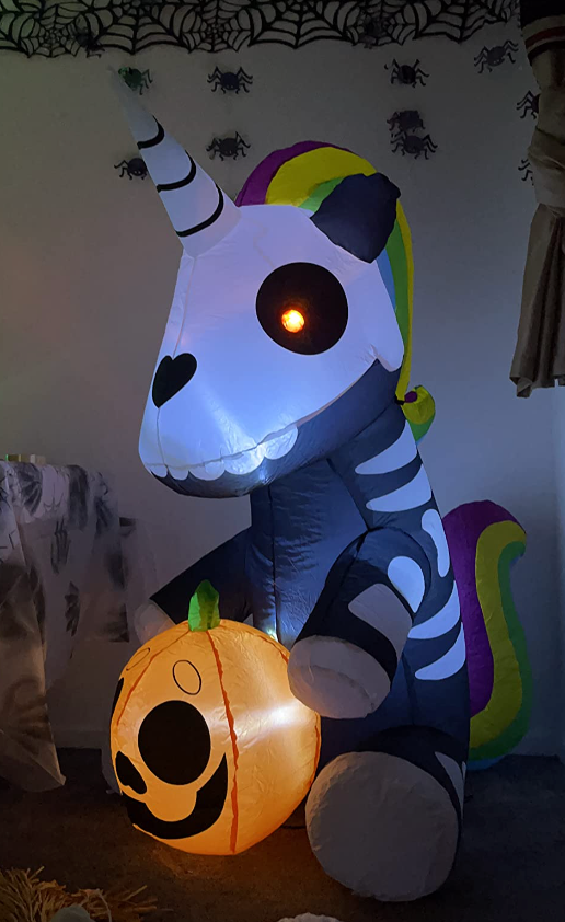 5 FT Tall Halloween Inflatable Sitting Skeleton Unicorn Inflatable Yard Decoration with Build-in LEDs Blow Up Inflatables for Halloween Party Indoor, Outdoor, Yard, Garden, Lawn Decorations