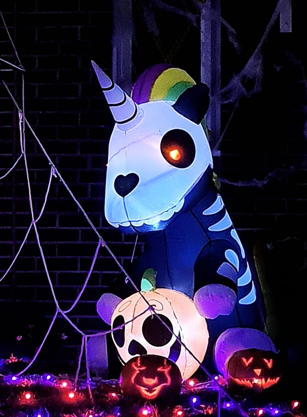 5 FT Tall Halloween Inflatable Sitting Skeleton Unicorn Inflatable Yard Decoration with Build-in LEDs Blow Up Inflatables for Halloween Party Indoor, Outdoor, Yard, Garden, Lawn Decorations