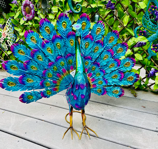 58 cm Tall Outdoor Metallic Peacock Tail Spread Yard Statue Decoration, Multicolor